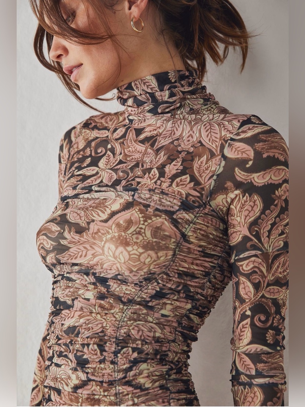 Free People Under It All Printed Mesh Ruched Turtleneck Bodysuit | L